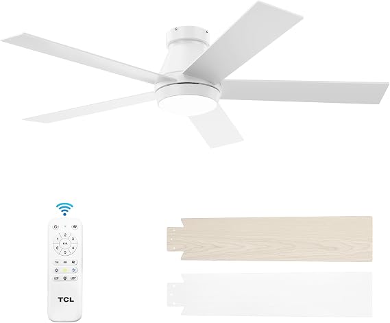 TCL 52" White Flush Mount Ceiling Fan with Light & Remote | 5-blade modern low profile fan. Quiet 6-speed reversible DC motor. Dimmable LED light for bedroom, living room & garage