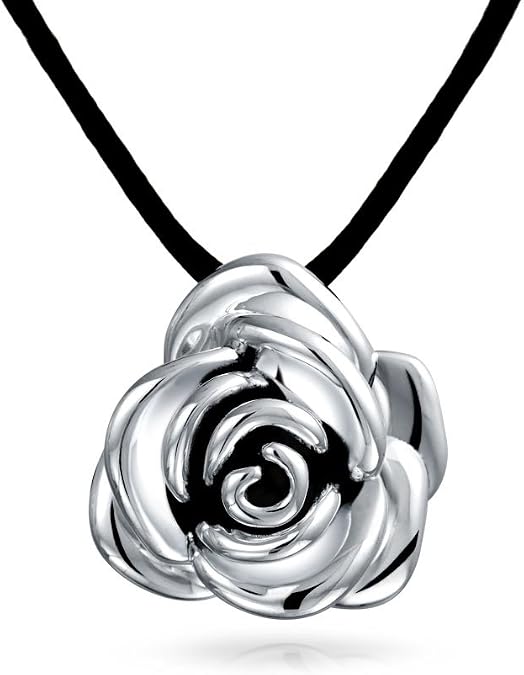 Dainty Flower Black Rose Pendant Statement Necklace .925 Sterling Silver