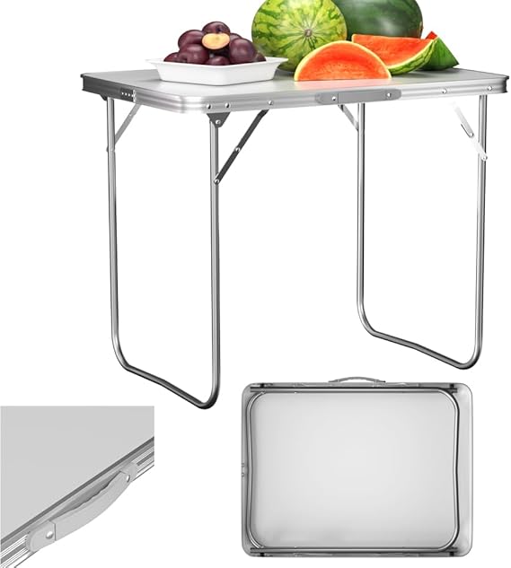 Aluminum Folding Table with Handle, Picnic Table - Adjustable, Lightweight Foldable for Game Party, Garden, Trestle, Indoor Outdoor Dining, Camping - 80x60x69cm, White