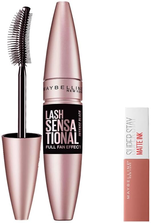 Maybelline New York Lash Sensational Yelpaze Etkili Intense Black Maskara - Ekstra Siyah 9.5 ml & Mini Super Stay Matte Ink Likit Mat Ruj 65 Seductress Makyaj Seti
