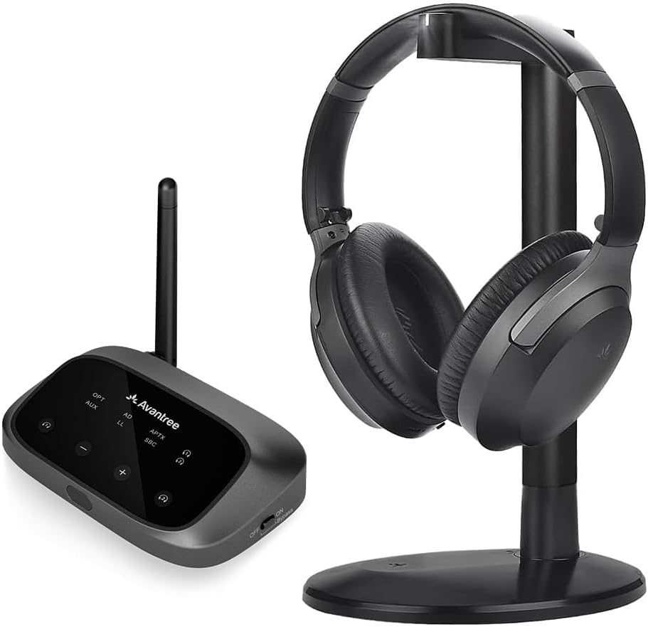 Avantree Oasis Plus 2 & Aria Me Bundle: aptX Low Latency & HD Bluetooth Transmitter for TV & Wireless Headphones Personalized Sound wApp, Noise Cancelling, Charging Stand