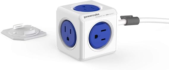 Allocacoc PowerCube Extended Blue Power Strip, 5ft Extension Cord Cube 5 Outlets, Compact Desktop Charging Station, Mounting Dock, Space Saving Surge Protector for Home Office Dorm, ETL Certified