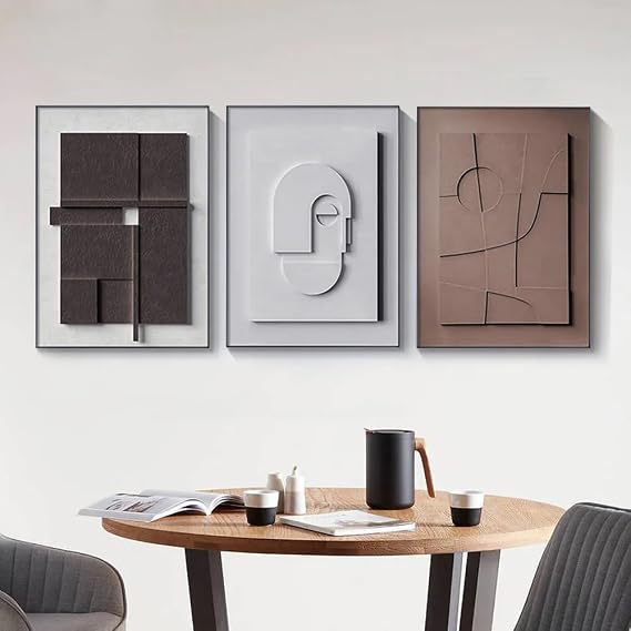 BULUXE Wall Art Set of 3 Japandi Geometric Canvas Wall Decor, 3D Abstract Minimalist Framed Artwork with Black Rectangle Frame for Living Room Bedroom Modern Home (Style-A, 15" W x 1" D x 23" H)