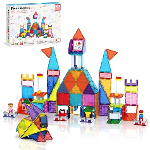 PicassoTiles 353pc Magnetic Brick and Magnet Tile Combo Set with Action Figures STEM Building Block Educational Construction Kit Preschool Classroom Toy Learning Activities for Kids Age 3 Plus PTL353
