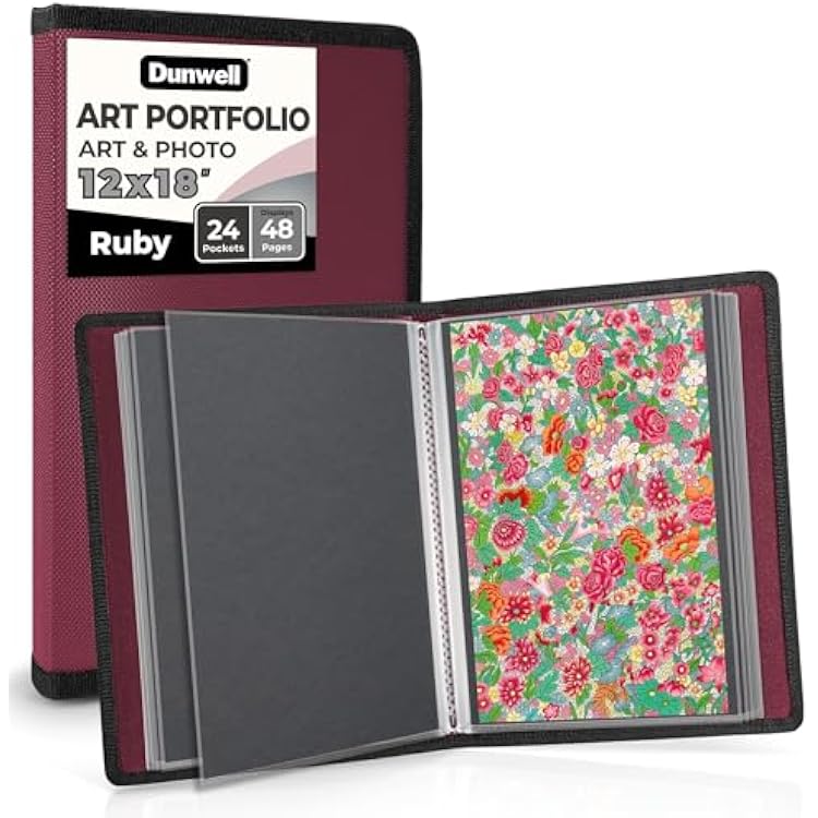 Dunwell 12x18 Art Portfolio Binder with Black Mounting Paper Ruby, Large Portfolio Folder for Artwork Storage, 24 Sleeves Display 48 Pages, Acid-Free Poly 12 x 18 Presentation Book
