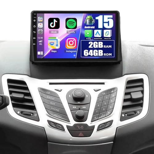 for Ford Fiesta 2009-2014 Android 15 Car Stereo 9 Inch Touch Screen with Wireless CarPlay Android Auto Mirror Link 2G64G 26UI Bluetooth FM GPS Navigation WiFi SWC Backup Camera
