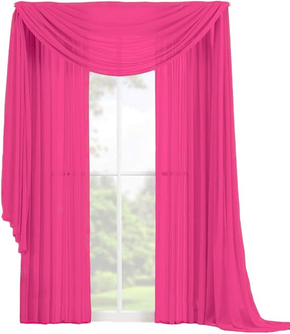 Decotex 3 Piece Elegant Sheer Voile Window Curtain Panel Drape Set includes 2 Panels and 1 Matching Scarf (108" Length, Hot Pink)