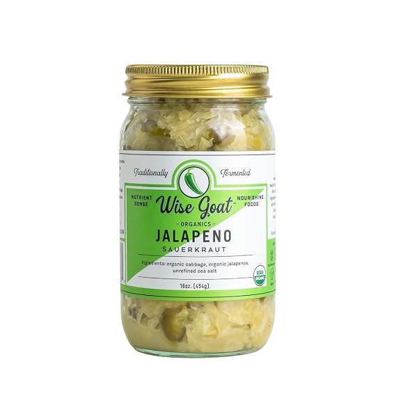 Raw Organic Fermented Sauerkraut, Jalapeno Variety [Vegan, Gluten Free, Non-GMO, Probiotic] 16 oz Glass Jar - Wise Goat Organics
