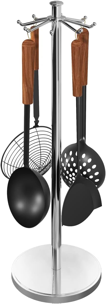 Kitchen Countertop Rotating Utensil Holder, Stainless Steel Chrome | 360 Rotatable Cooking Utensils Stand with 8 Swivel Hooks, Tool Hanging Organizer Rack for Spoon, Spatula and Kitchen Gadgets