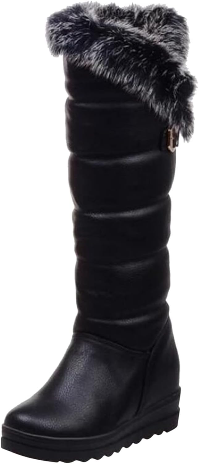 hlysgo Warm Winter Women Knee High Snow Boots Waterproof Faux Fur Lined Fleece Fuzzy Casual Booties