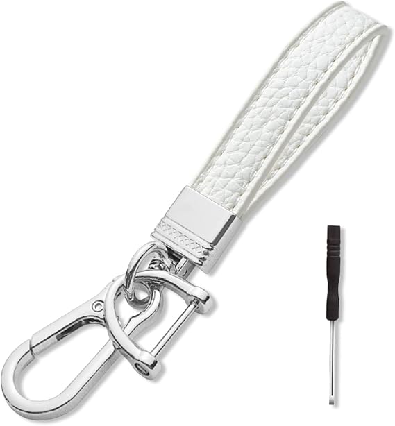 Leather Car Keychain, 360 Rotatable Snap Swivel Key Ring, Car Fob Key Chain Holder for Men Women, Anti-Lost D-Ring (White)