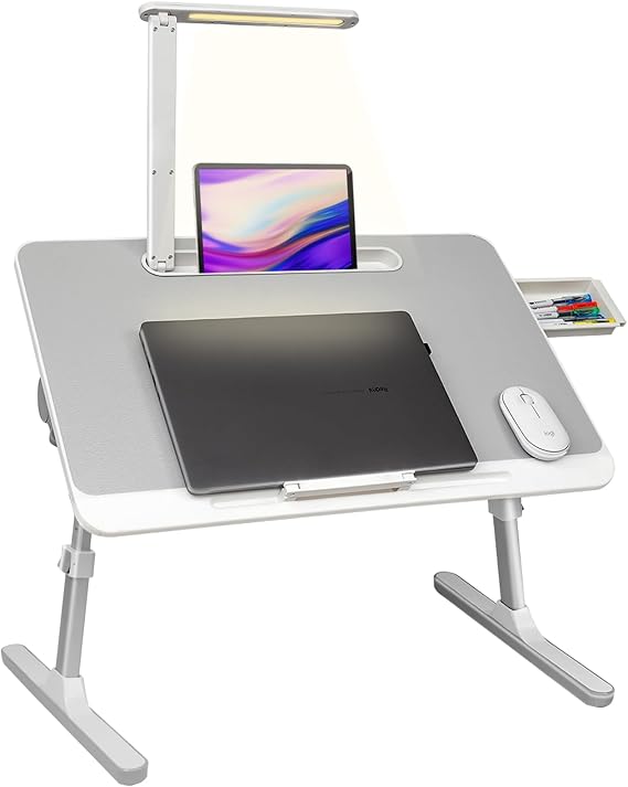 RAINBEAN Lap Desk for Lap top, Portable Bed Table Desk, Laptop Desk with LED Light and Drawer, Adjustable Laptop Stand for Bed/Sofa/Study/Reading-White