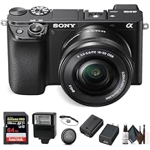 Sony Alpha A6100 Mirrorless Digital Camera (ILCE6100L/B) with 16-50mm Lenses with Flash, 64GB Memory Card, Cleaning Set and More