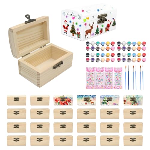 24 Pcs Wooden Boxes for Crafts, Unfinished Unpainted Wood Box with 12 Color Paints and Diamond Stickers DIY Treasure Chest Box Small Wooden Box for Arts Party Favors Jewelry Storage Christmas Gift
