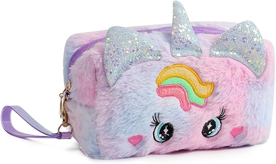 Cute Pen Bag Makeup Bag Handbag Case Box Stocking Stuffers Vivid Colorful Creative Animal Cartoon Large Capacity Plush Fluffy Unicorn Zipper Organizer Makeup Storage Bag Box Stylish Nice Gift (Purple)