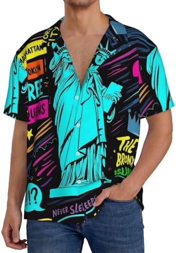 New York City Print Mens Cuban Shirt Short Sleeve Button Down Shirts Casual Summer Beach Shirts