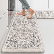 KIMODE Anti Fatigue Kitchen Mats for Floor, Boho Floral Kitchen Rugs 17"x29.5"+17" x47, Cushioned Mats for Kitchen Floor, Non Slip Kitchen Floor Mats, Sink, Laundry, Office, Desk Blue Multi