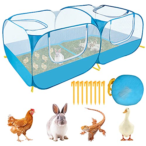 SlowTon Small Animals Playpen, Portable Large Chicken Run Coop with Breathable Transparent Mesh Walls Foldable Pet Cage Tent with 4 Zipper Doors for Puppy Rabbits Outdoor Yard No Bottom