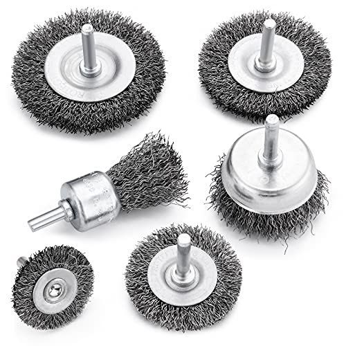 Drill Wire Brush End Brush Set 6 Piece, Wire Brushes for Cleaning 14 Inch Arbor 0.012 inch Coarse Carbon Steel Crimping Wire Wheel, Paint-Surface and Small Spaces Can be Treated.