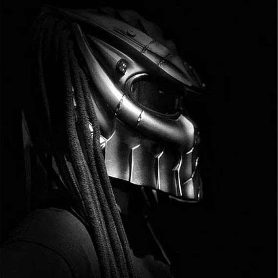Predator Motorcycle Helmet, Full Face Helmet Mask with Hair Braid And LED Light for Outdoor Riding Or Club Parties, And Cosplay Prop, DOT Certified,Thick Braids,XXL