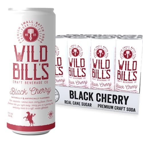 Wild Bills Black Cherry Soda Classic Craft Soda Pop Soft Drinks, Sodas Made with Pure Cane Sugar, Caffeine Free, NO High Fructose Corn Syrup, Gluten Free, Vegan, Low Sodium, 12 Oz 12 Pack