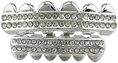 OOCC 18K Gold Plated Iced 2 Row 6 Tooth Grillz Hip Hop Teeth Grillz Caps Top and Bottom Set for Your Teeth