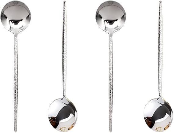 Stainless Steel Hammered Soup Spoon, Korean Long Round Handle Spoon, 4 Pieces of Steel Hammered Spoons, 8 Inches.