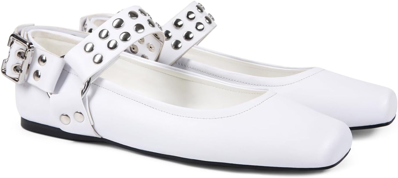 Mary Jane Flats for Women Square Toe Ballet Flats Studded Ankle Buckle Strap Comfortable Dressy Ballerina Shoes