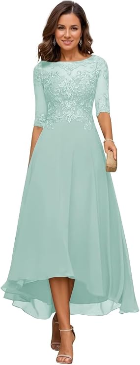 Mother of The Bride Dresses Tea Length for Wedding Short Sleeves Beads Lace Chiffon Formal Evening Gown with Pockets