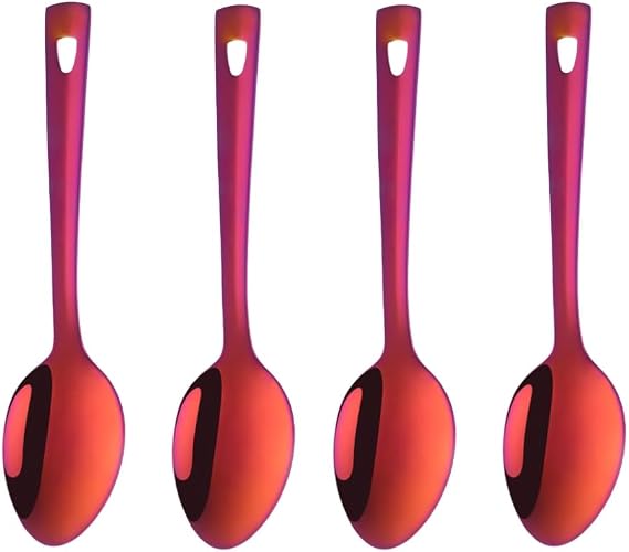 9.6-Inch Serving Spoons Set of 4, Stainless Steel Buffet Banquet spoon,Long Handle Serving Spoon for Catering, Kitchen Dishwasher safe (Orange Red)