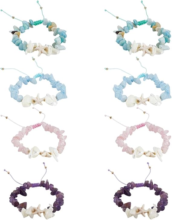 MAYJOYDIY 8Pcs Starfish Beaded Bracelets Summer Natural Stone Bracelets Adjustable Stretch Friendship Bracelet Gemstone Beach Braided Anklets Gifts for Women Men OOTD Accessories(4 Colors)