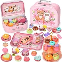 Lajeje Cat Tea Party Set for Toddlers & Little Girls Ages 3-6 Pretend Play Toy & Birthday Gift, Includes Kitten Tin Tea Set, Desserts & Carrying Case