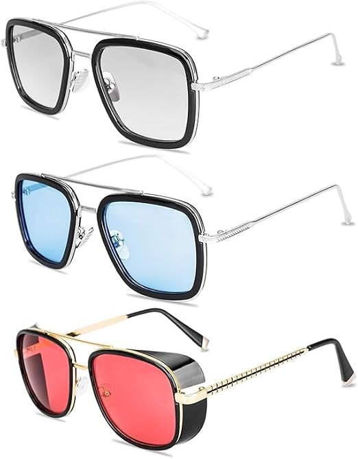 Tony Stark Sunglasses Retro Aviator Sunglasses Square Metal Frame (Tony Stark Same Color AND Spiderman the Same Color)