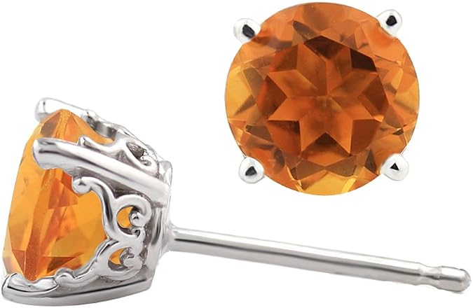 Solid 14k White Gold Gemstone Stud Earrings, 6mm Round each