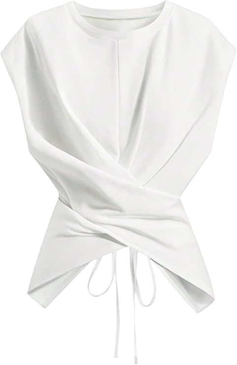 SOLY HUX Women's Crop Top Wrap Tie Back Crew Neck T Shirts Asymmetrical Tee Summer Clothes