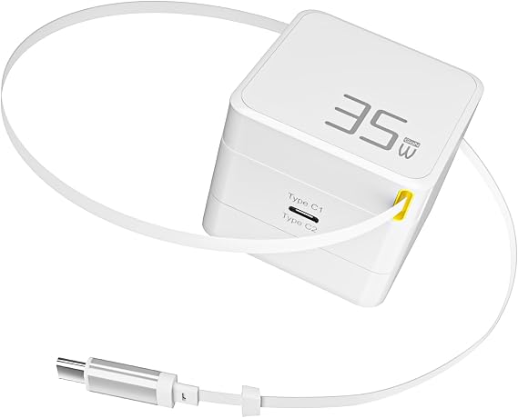 TRAVEL DEPOT USB C Retractable Charger, GaN PD 35W Charger Block | Retractable Type C Cable Portable Wall Phone Chargers Fast Charging Adapter Foldable Plug for iPhone 17/16/15