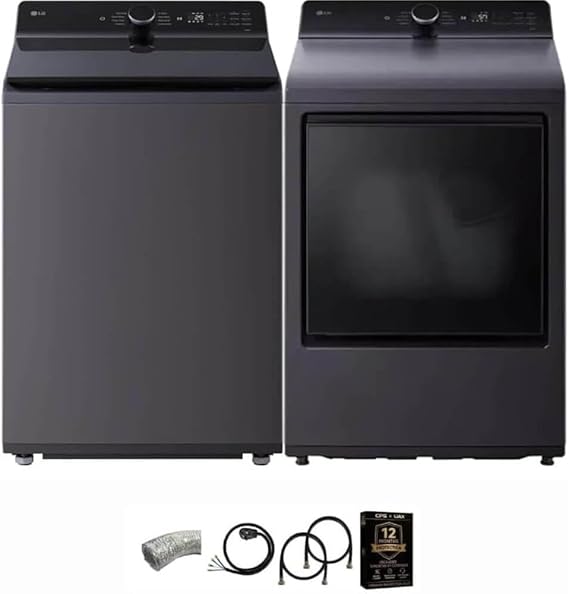 LG Matte Black Mega Capacity Top Load Washer and Dryer Pair with TurboWash Technology SmartThinQ WiFi Connectivity Steam Dry Sensor Dry Dryer Vent Power Cable and 12 Month CPS Protection Plan (Black)