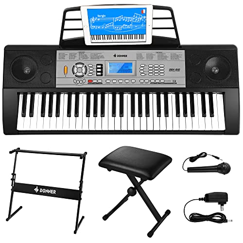 Donner Keyboard Piano, 54 Key Piano Keyboard, Portable Electric Keyboard with Piano Stand, Bench, Microphone, Music Stand and Piano App, Supports MP3USB MIDIAudioMicrophoneHeadphonesSustain Pedal