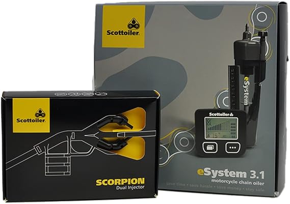 Scottoiler eSystem Electronic Automatic Motorcycle Chain Lubrication System with Biodegradable Green Scottoil & Scorpion Dual Injector - Twin Feed applicator Bundle......