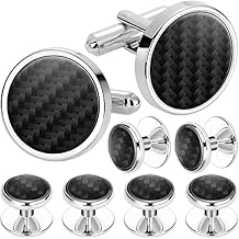 Mens Cufflinks and Tuxedo Studs Set in Gift Box (Carbon Fiber), Jewelry or Accessories in Gold Silver Black Tone, Matching with Shirts Vest and Bow tie, Suitable for Birthday Wedding Anniversary