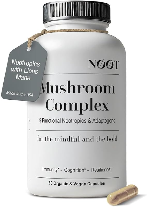 NOOT Mushroom Complex, Organic Lions Mane Mushroom Supplement - Nootropic Adaptogenic Vegan Brain Supplements for Memory and Focus, Biohacking, Immunity and Resilience, 60 Capsules