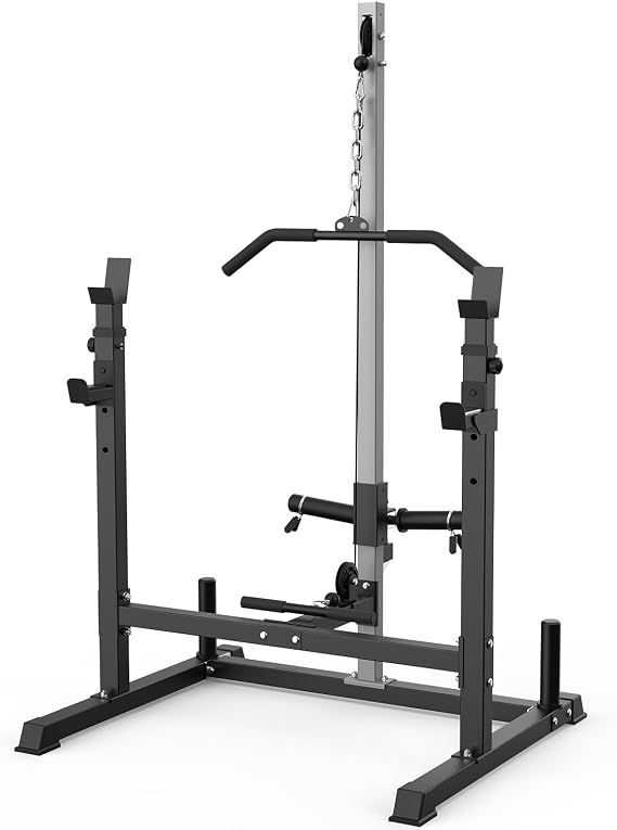 JX FITNESS Power Cage Rack with LAT Pulldown Pulley System, Adjustable Squat Rack, Strength Cage with J-Hooks for Home Gym