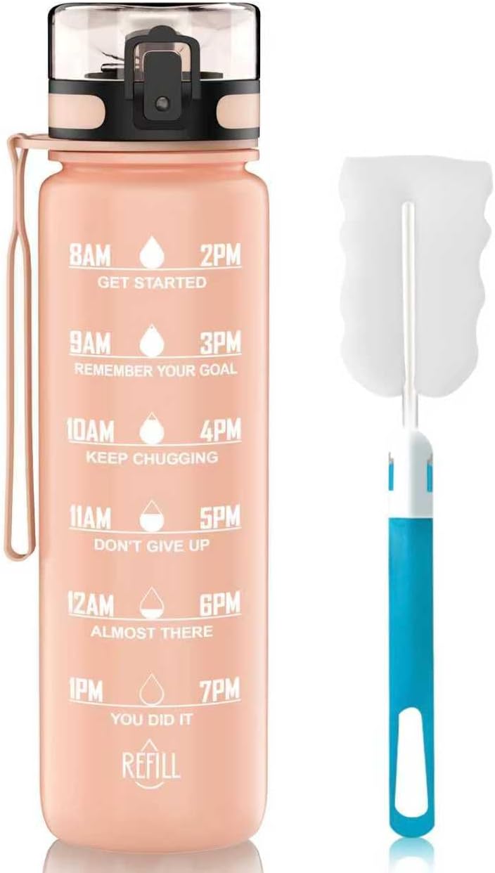 1-liter water bottle, made of BPA-free Tritan material, capacity 1 liter, with time markings, suitable for gym, outdoor activities, and campus use (Pink).