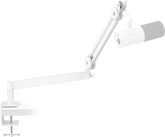 TONOR Mic Arm Desk Mount, Low Profile Boom Arm, Microphone Arm, Adjustable Mic Stand with Desk Mount Clamp, 3/8’’ and 5/8’’ Screwadapter for Most Mic, 37 cm +37 cm, White, T40LP