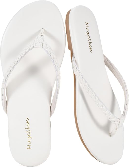 mazeskin Women's Memory Foam Comfortable Braided Flip Flops Leather Slide Dressy Summer Beach Flat Thong Sandals
