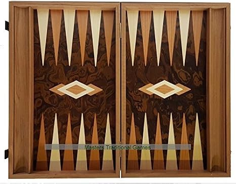 Manopoulos Luxury Dark Walnut Burl Backgammon Set - 19-inch - Mother of Pearl Effect Stones - 4 Dice and Doubling Cube - Folding Case