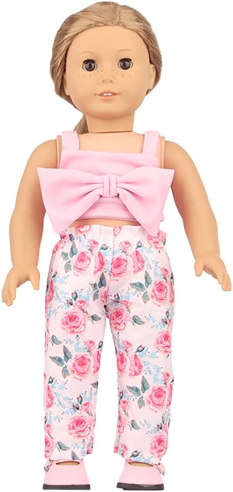 Summer Doll Clothes Suspender Top with Bow Floral Print Pants for American Girl Doll 18 inch