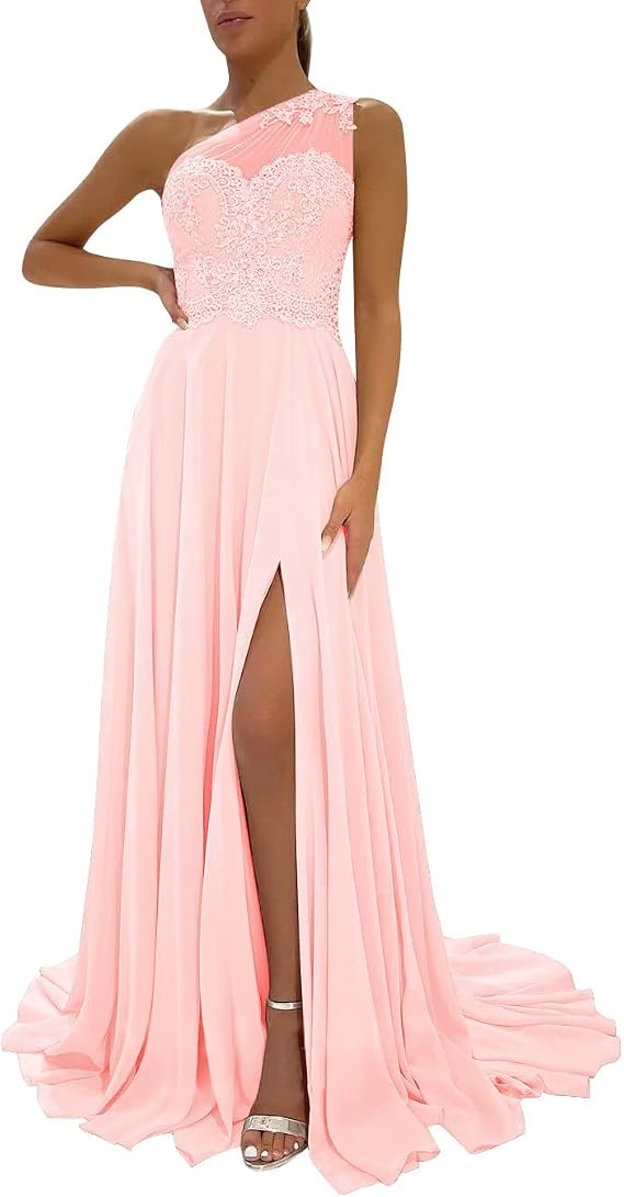 One Shoulder Chiffon Bridesmaid Dresses for Wedding Long Lace Prom Dress Aline Formal Party Gowns with Slit