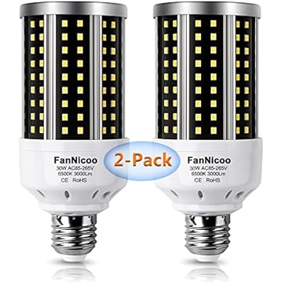 LED Corn Light Bulb 2 Pack 200W Equivalent Cool Bright Daylight White 30W 6500K 3000 Lumen E26E27 Medium Base New Corn Shape 360Beam Angle for Outdoor Indoor Factory Warehouse Garage Shop Street