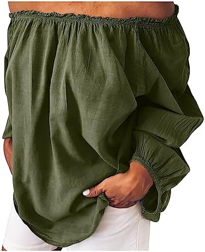 Women's Off The Shoulder TopsTrendy Shirred Neck Long Sleeve Flowy Cotton Linen Blouses Plus Size Solid Beach Shirts